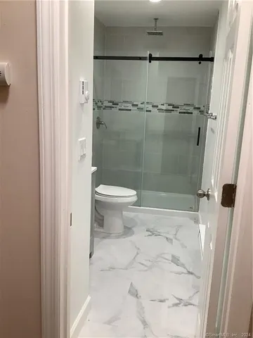 a bathroom with a shower and a toilet