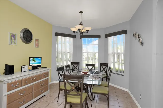 a view of a dining room with furniture window and outside view
