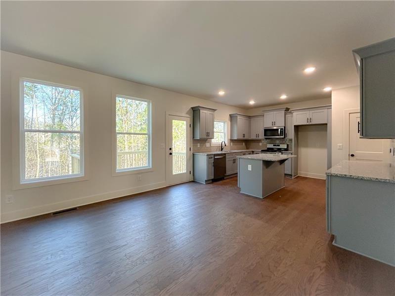 27 Bridgestone Way Cartersville, GA 30120 - Photo 17 of 31 a open kitchen with stainless steel appliances granite countertop a stove top oven a sink dishwasher and a refrigerator with wooden floor