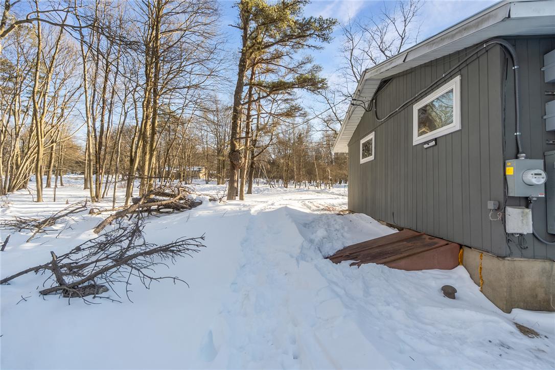 Mature trees frame the snow-covered grounds adjacent to this classic siding-clad exterior wall.