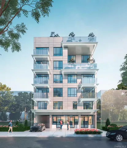 a roof deck with tall buildings