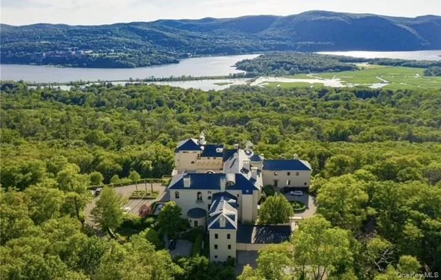 an aerial view of a house with a garden