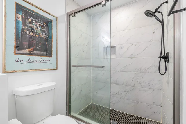 a bathroom with a shower and toilet