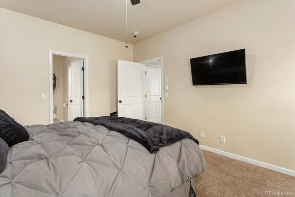 a bedroom with a bed and a flat screen tv