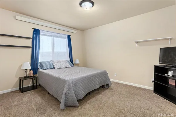 a bedroom with a bed and a television