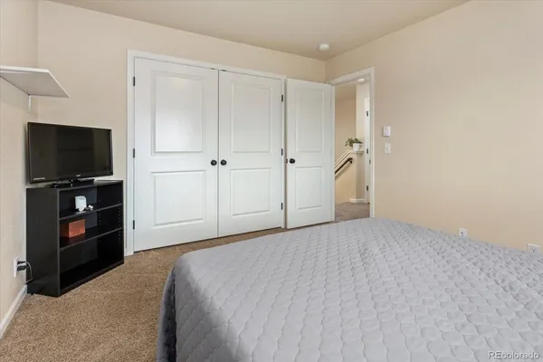 a view of a livingroom with furniture and closet