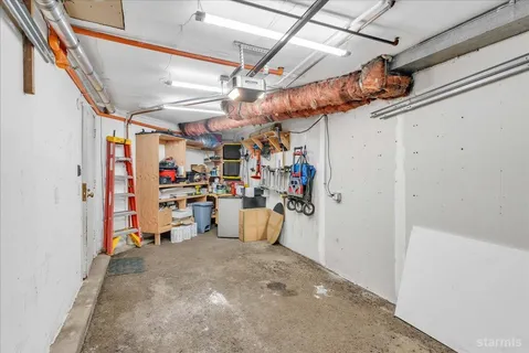 a view of a storage room with shelves