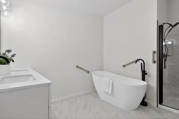 a bathroom with a bathtub