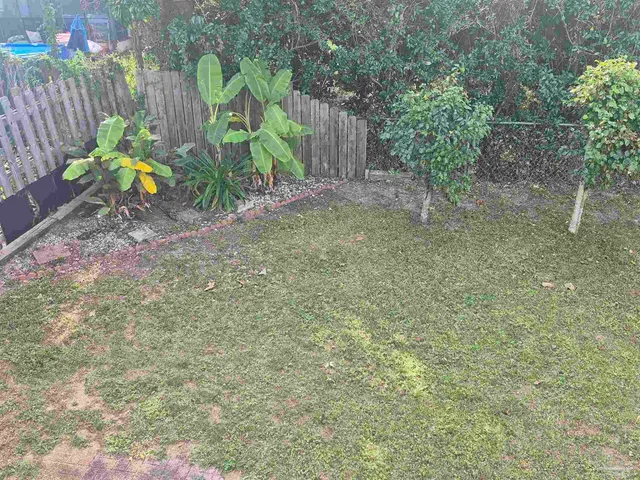 a backyard of a house with table and chairs