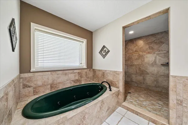 a bathroom with a bathtub and a shower