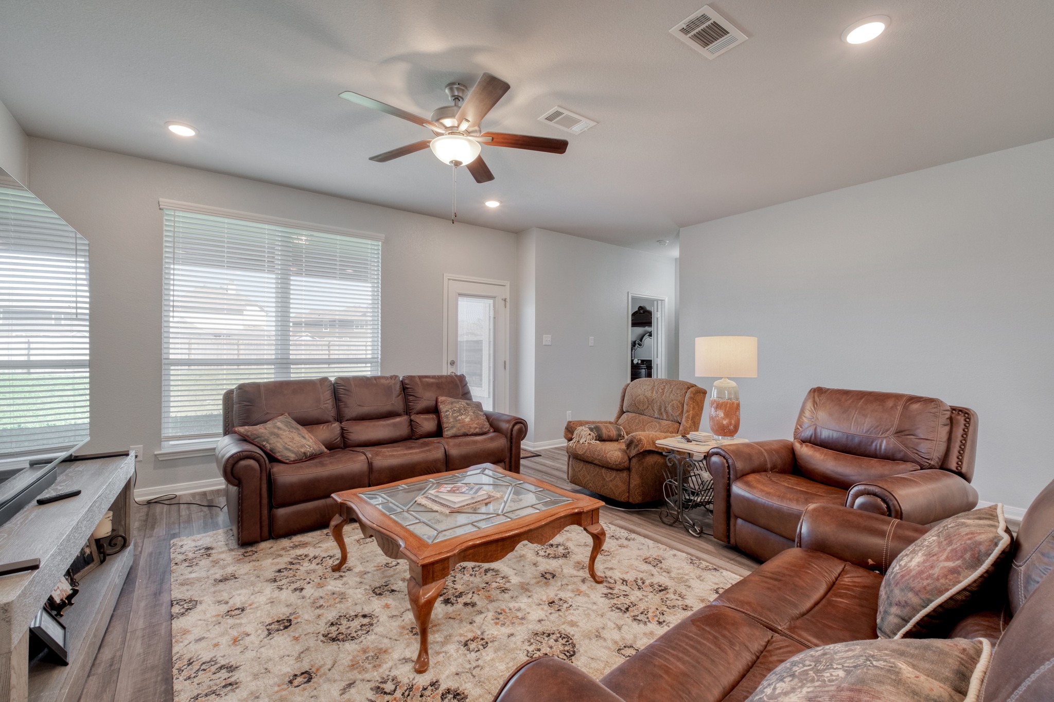 3500 Beutel Road Lorena, TX 76655 - Photo 6 of 27 Living area featuring ceiling fan, wood finished floors, and recessed lighting