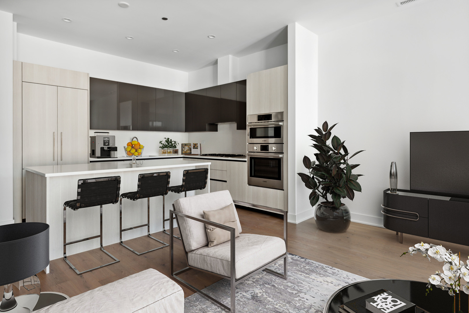 323 South Racine Avenue, Unit 6B Chicago, IL 60607 - Photo 10 of 25 a kitchen with stainless steel appliances a stove a sink a microwave a dining table and chairs