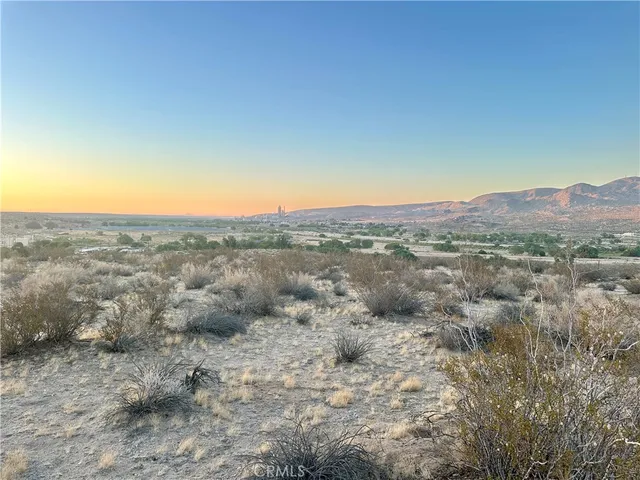 a view of a dry yard with mountains in the background