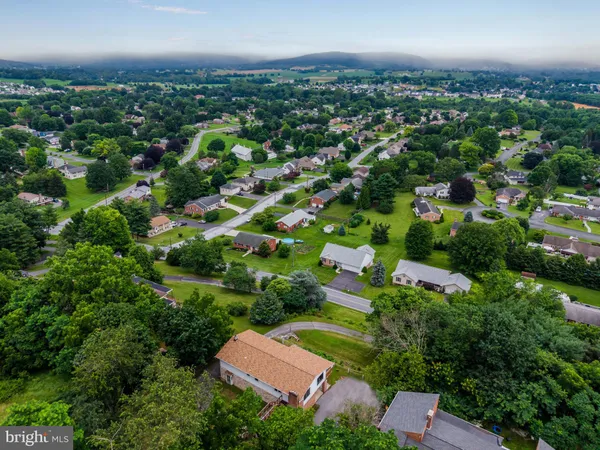an aerial view of residential houses with outdoor space and trees