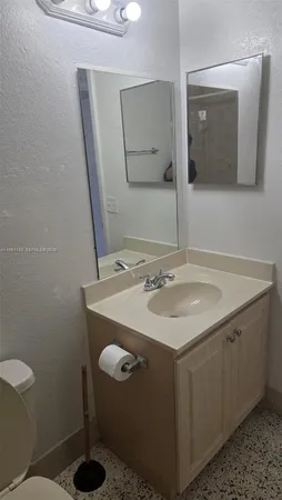 a bathroom with a sink toilet and mirror