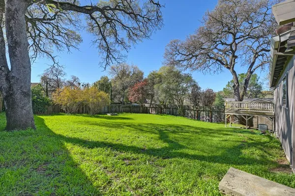 a view of a backyard with large trees