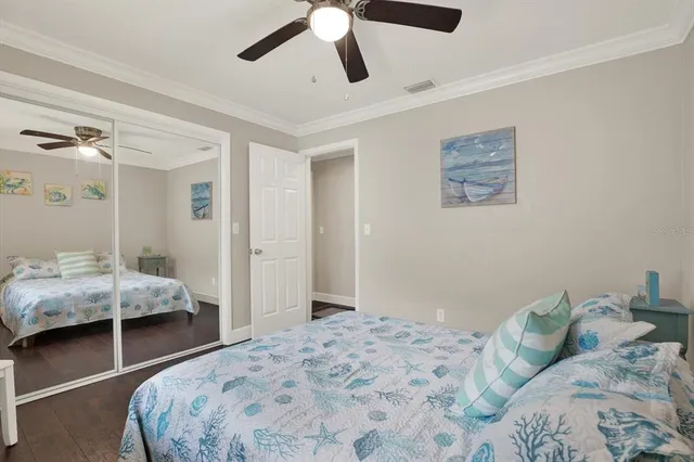 a bedroom with bed and walk in closet