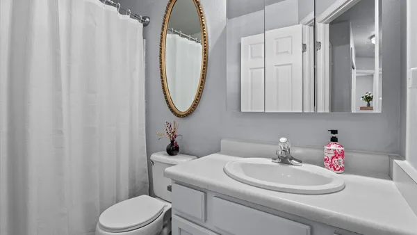 a bathroom with a sink a toilet and a mirror