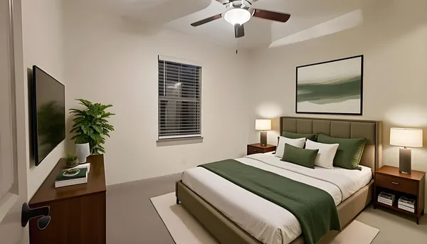 a bedroom with bed and a flat tv screen on dresser