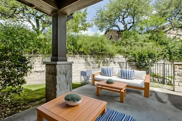 a view of a bench in the patio