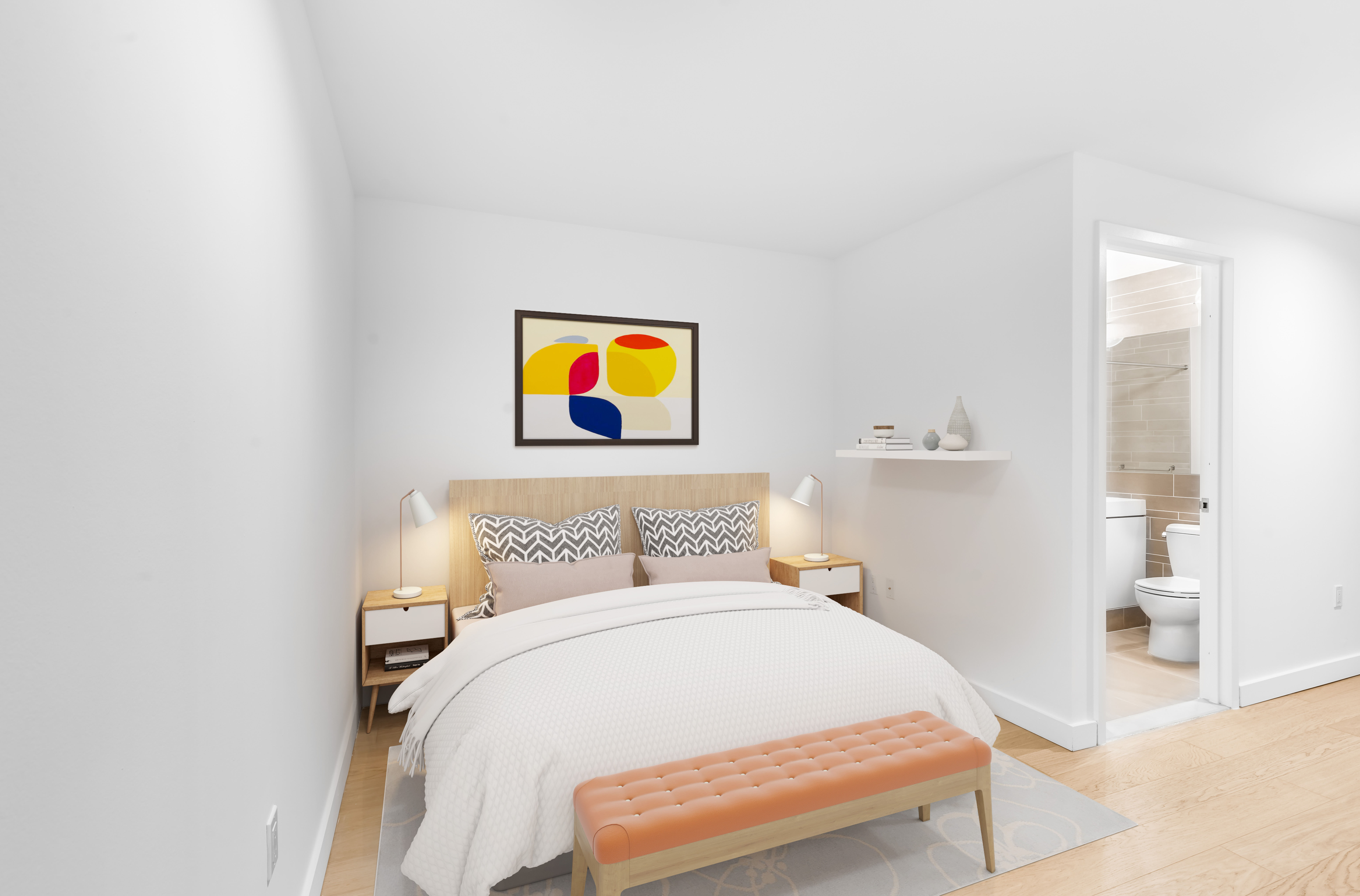 a bedroom with a bed and painting on the wall