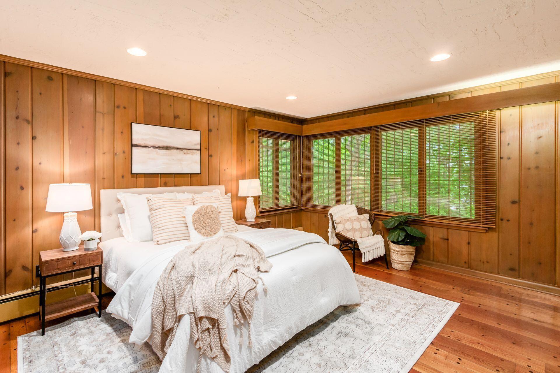 5901 Cooper Road Westerville, OH 43081 - Photo 24 of 46 Knotty pine paneled walls and oak pegged hardwood floors.