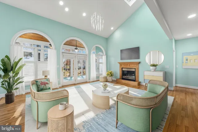 a living room with furniture a fireplace and a potted plant