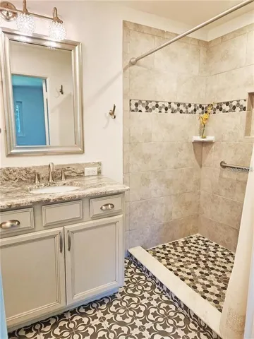 a bathroom with a shower and a sink a mirror