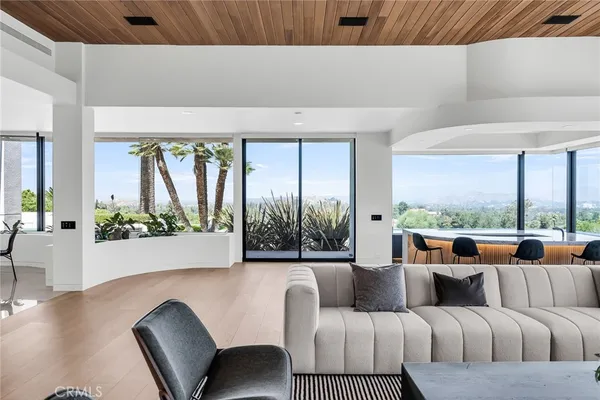 a living room with a couch and a potted plant