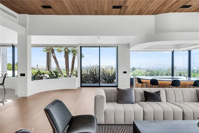 a living room with a couch and a potted plant
