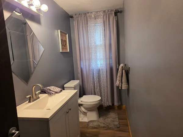 a bathroom with a double vanity sink toilet and mirror