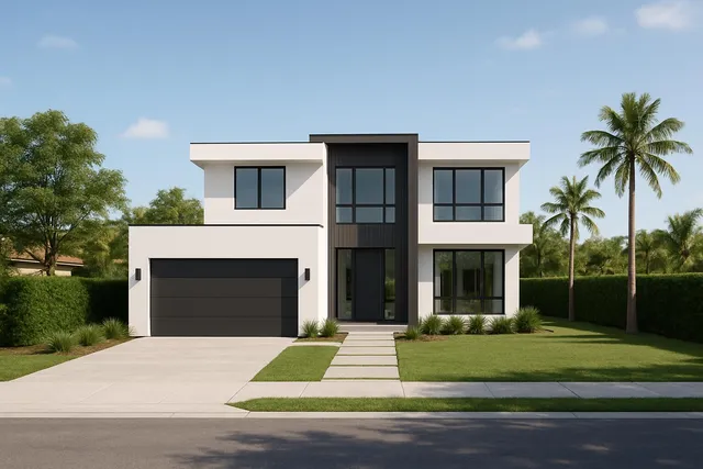 a front view of a house with a garden and yard