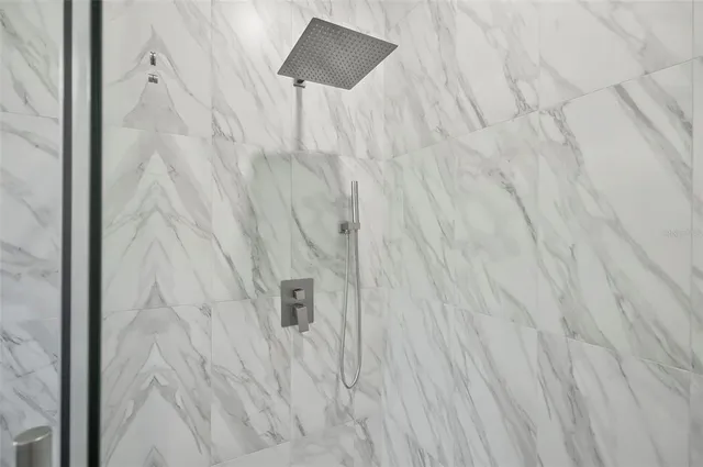 a bathroom with a shower curtain