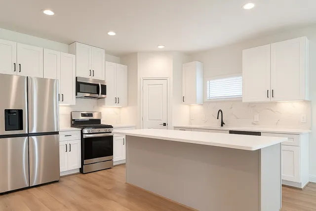 a kitchen with stainless steel appliances granite countertop a sink a stove a refrigerator and white cabinets