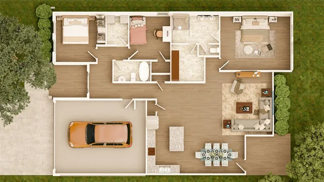 a car parked in front of a white building