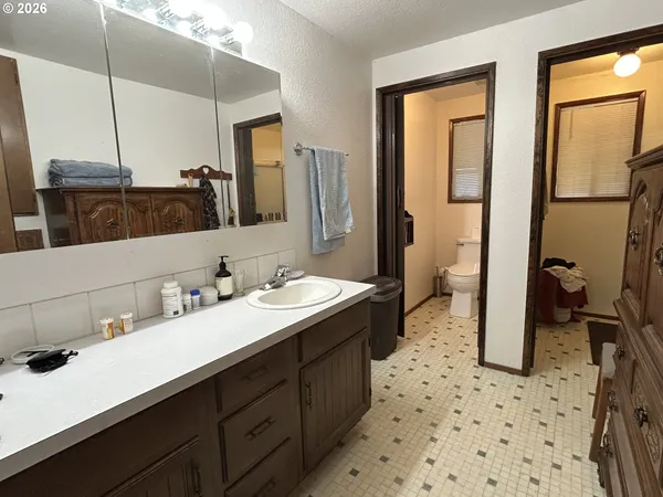 a bathroom with a sink a toilet and mirror