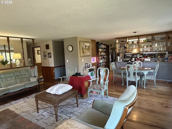 a living room with furniture a rug potted plant and a large window