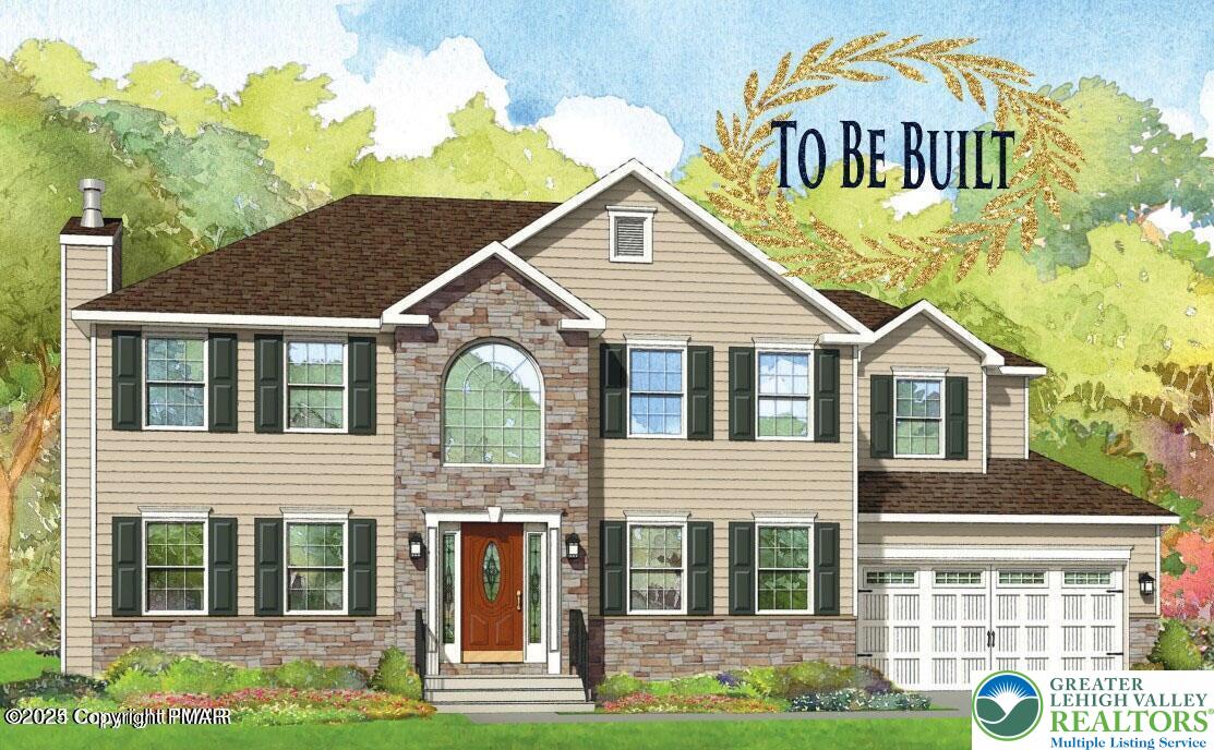 a view of a white house with large windows and a yard with plants and large trees