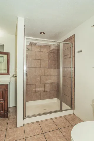 a bathroom with a shower and toilet