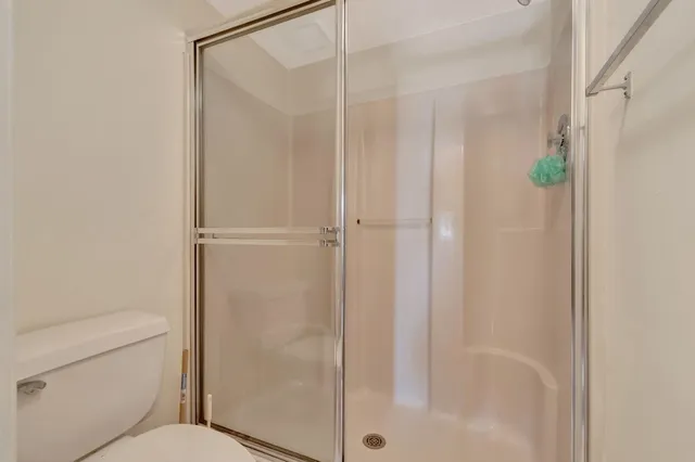 a bathroom with a shower and toilet