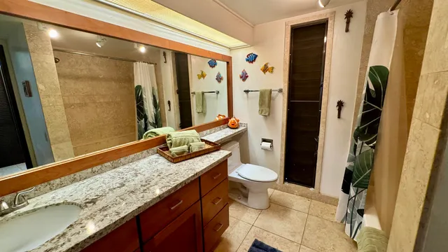 a bathroom with a granite countertop sink and a mirror
