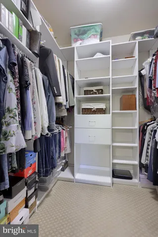 a view of walk in closet with clothes and shoes