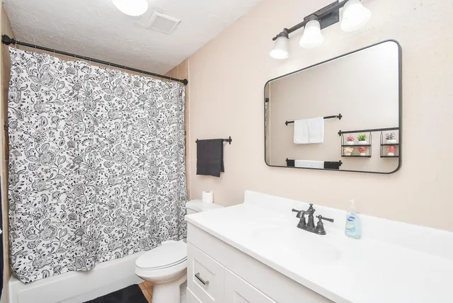 a bathroom with a sink toilet and mirror