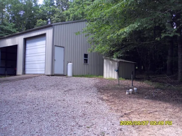 a backyard of a house with plants and large trees