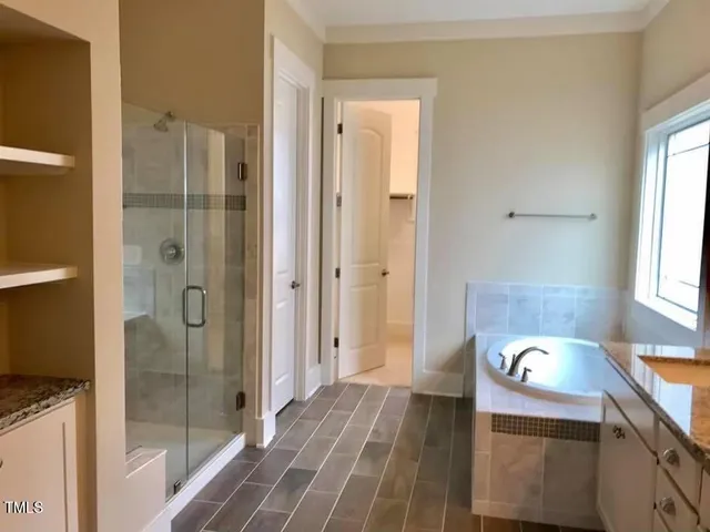 a bathroom with a bathtub and a shower