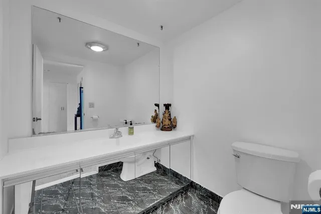 a bathroom with a sink a toilet and mirror