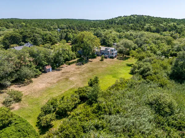 an aerial view of residential houses with outdoor space and trees