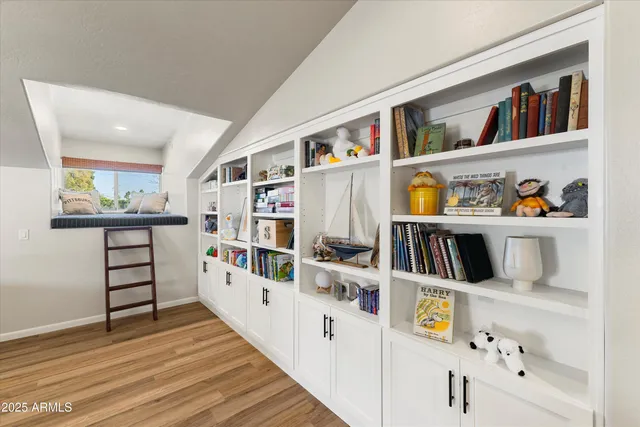 a hallway with cabinets and book shelf