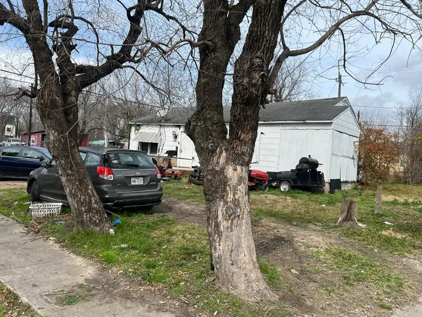 a view of a yard in front of a house with a tree bed