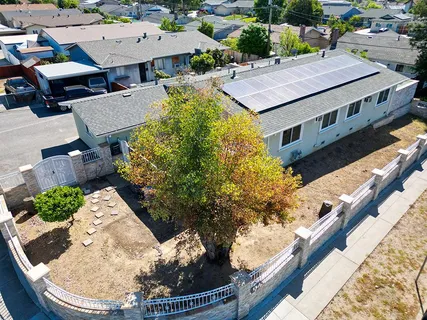 an aerial view of a house with a yard potted plants and large trees
